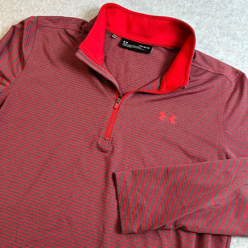 Under Armour Men’s Medium Loose Fit 1/4 Zip Pullover Red Gray Striped Golf Shirt